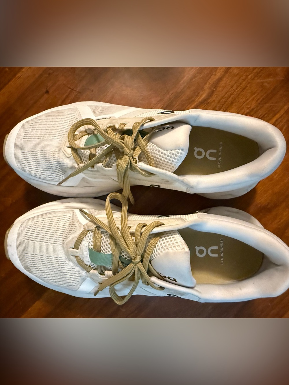 On Cloud White Sneakers with Tan and Teal Accents